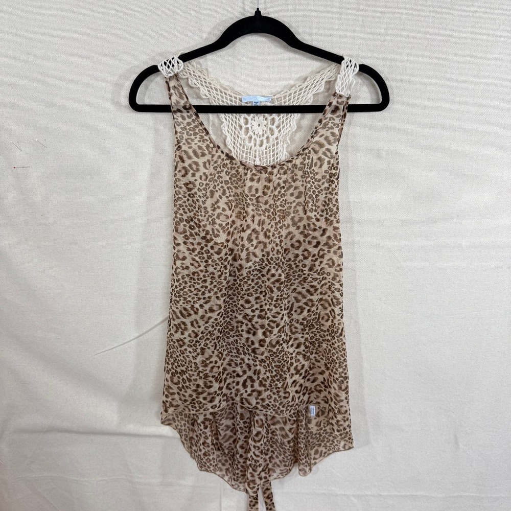 Leopard‎ Print Sheer Tank Top Crochet Lace Racerback Brown Tan Boho Sleeveless